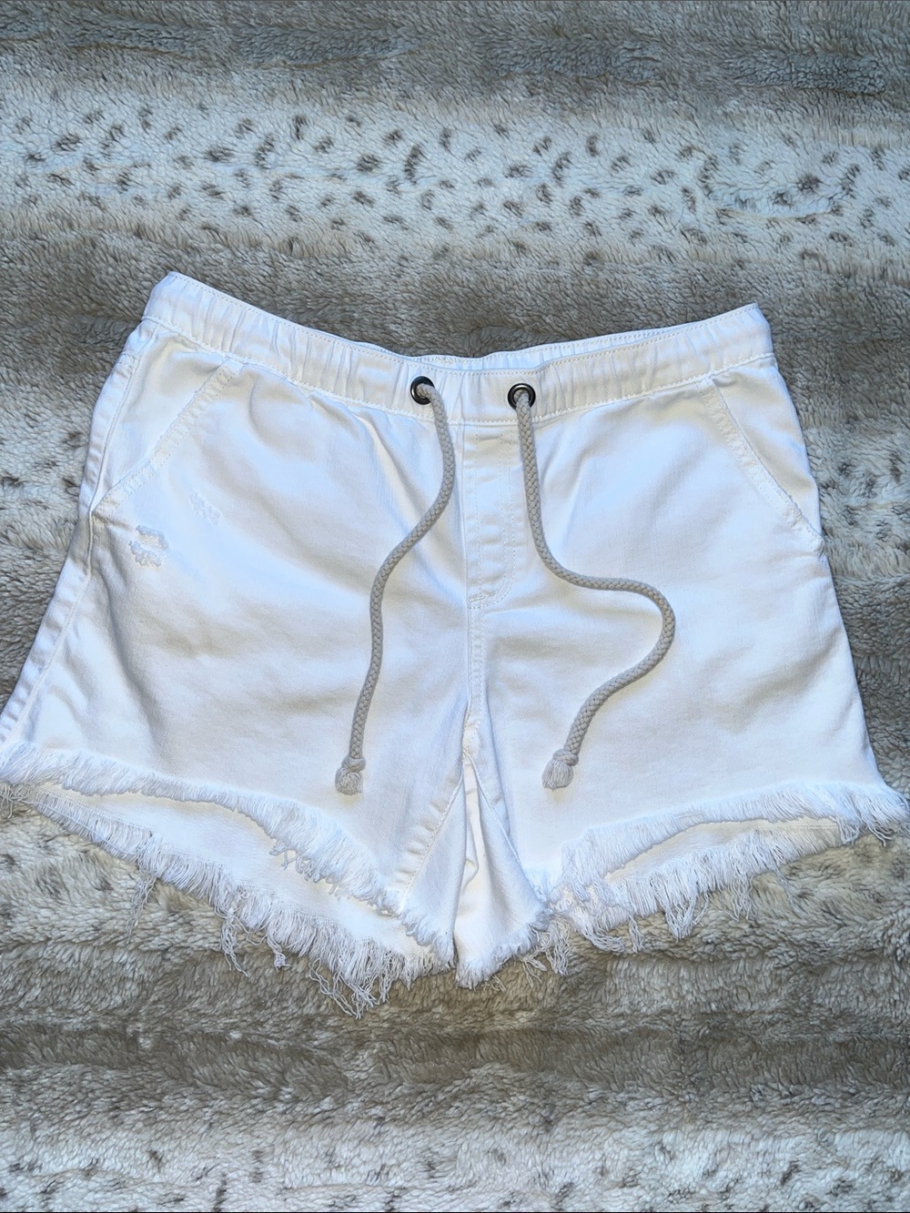 aerie White Denim Frayed Hem Drawstring Jean Shorts